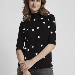 spykar Women Printed High Neck Cotton Blend Black T-Shirt-picture-13