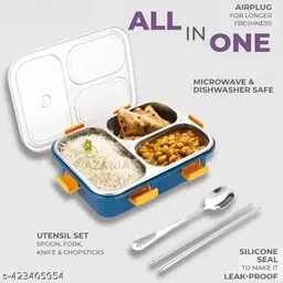 evara international Stainless Steel 3 Compartment Lunch Box For Office ,College & School_A1 3 Containers Lunch Box image 2