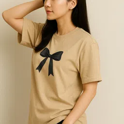 gatimanapparels Women Graphic Print Round Neck Cotton Blend Beige T-Shirt image 3