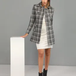honnete 100 % Polyester Checkered Coat For Women-picture-14