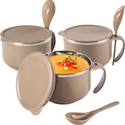 kuber industries Stainless Steel Soup Bowl Pack of 3 600ml Stainless Steel Soup Bowl with Spoon & Holder | Brown image 1