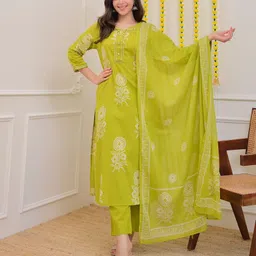 pf pink fantasy Women Pure Cotton Kurta Pant Attached Dupatta Set-picture-27