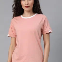 roadster Women Solid Round Neck Pure Cotton Pink T-Shirt-picture-11