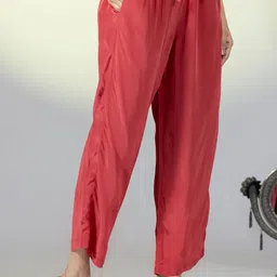 mustard Women Regular Fit Red Crepe Trousers-picture-37