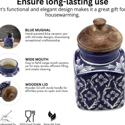 vareesha Hand Painted Blue Mughal Airtight Ceramic Jar with Wooden Lid - 1000 gms image 2