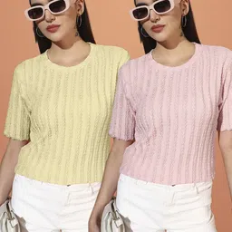 somvati Pack of 2 Women Self Design Round Neck Polyester Yellow T-Shirt image 1