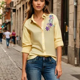 jovialthreads Women Regular Fit Printed, Embroidered Button Down Collar Casual Shirt image 2