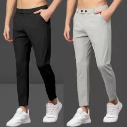 robbot Pack of 2 Men Slim Fit Black, Grey Lycra Blend Trousers-picture-18