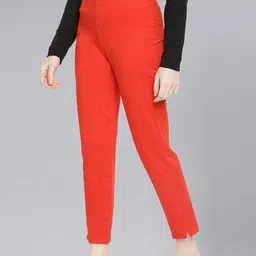 Women Regular Fit Red Cotton Blend Trousers-image-65