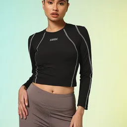 hrx by hrithik roshan Women Solid Round Neck Polyester Black T-Shirt image 2