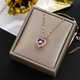 FINTO Purple zircon crystal ocean heart pendant with chain rose gold necklace Crystal Sterling Silver Plated Sterling Silver Necklace image 3