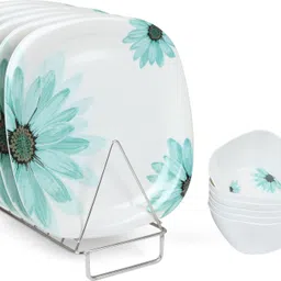 Beautiful Flower Printed Melamine Full Size Square Dinner Plate & Veg. Bowl (Set of 6 Both; 11 Inches) Dinner Plate-image-43