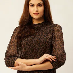 anvi be yourself Casual Cuffed Sleeves Animal Print Women Brown Top-picture-28