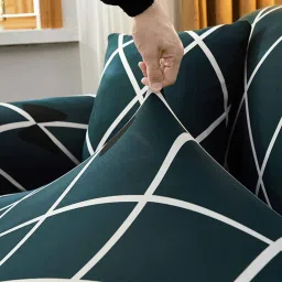 house of quirk Blue Geometric Viscose and Polyester (3 + Lounge) L-Shaped Stretchable Chaise Sofa Covers image 3