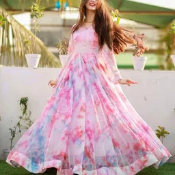 ekta Floral Print Georgette Stitched Flared/A-line Gown image 1