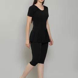 megaska Knee Length Removable Chest Pads One Piece Frock Style Solid Women Swim-dress Black Swimsuit image 4