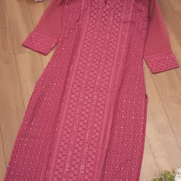 felopie Women Chikan Embroidery Georgette A-line Kurta image 3