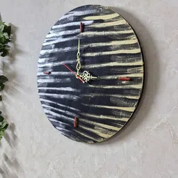 disoo fashions Black Colour Ehgineered Wood With Handpainted Linear Design In Wall Clock image 3