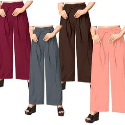 anti wrinkle designer Pack of 4 Women Loose Fit Multicolor Crepe Trousers-picture-15