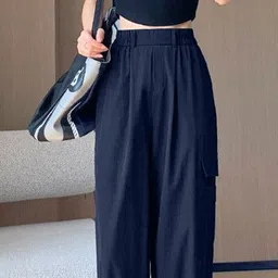 floreos Women Relaxed Dark Blue Cotton Blend Trousers image 5