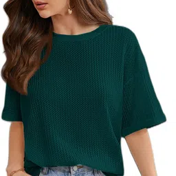 rahi trendz Women Self Design Round Neck Wool Blend Dark Green T-Shirt-picture-13