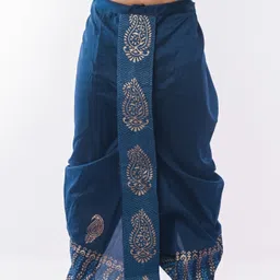 OBLIK CREATIONS Oblik's Peacock Blue 06 Hand Block Print Dupion Silk Dhoti For Men Printed Men Dhoti-picture-21