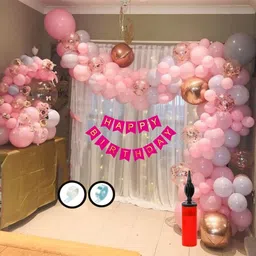 Solid Girl Pink Birthday Decoration kit items with Led Light, Arch, Glue White Curtain Balloon-image-74