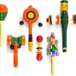 Wooden Egg Shaker, Damru, Plate, Dumble, Ten Bell, and Men Whistle (Set of 6) Rattle-image-0