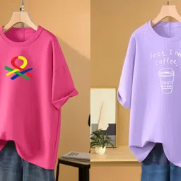 rapturous Pack of 2 Women Printed Round Neck Cotton Blend Pink, Purple T-Shirt-picture-33