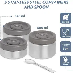 borosil 3 Pcs Set (320 ml x 2 + 600 ml x 1) Lunch Box with Foldable Spoon 3 Containers Lunch Box image 4