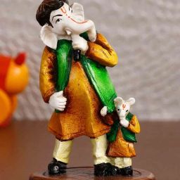 Orange, Green Polyresin Lord Ganesha Singing with Mushak Idol by eCraftIndia-picture-35