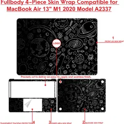 dzazner Fullbody 4 in 1 Precision Cut Laptop Skin Wrap (Top, Bottom, Around Keyboard, Trackpad Protector) Decal Vinyl Sticker Compatible for MacBook Air 13 Inch M1 2020, Model A2337 - White Space Symbols on Black Self Adhesive Vinyl Laptop Decal 13 image 5