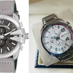 fenton Trendy Chronograph Watch, Stainless Steel Case, Grey Leather Strap-Grey::White Analog Watch - For Men FNW-DSL-17-GREY_Sp - Curen - White-picture-25