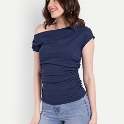 drape and dazzle Casual Regular Sleeves Solid Women Dark Blue Top image 4