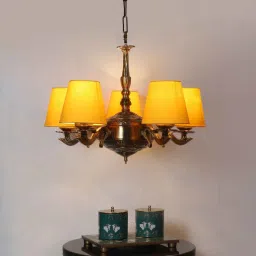 new era Devansh 05 Lights Yellow conical cotton shade with Antique Golden Chandelier image 1
