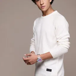 roadster Men Solid Round Neck White Sweater image 2