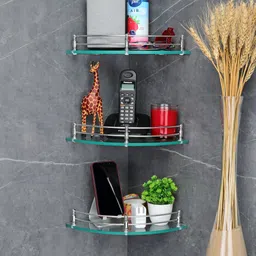 Multi-Purpose Glass Corner Rack - 9 x 9 inch Wall Mount (Clear) | Pack of 3 Glass Wall Shelf-image-66