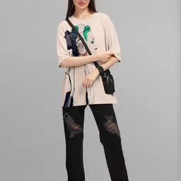 hellcat Women Printed Round Neck Cotton Blend Beige T-Shirt image 4