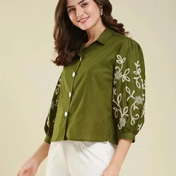 j turritopsis Women Regular Fit Embroidered Spread Collar Casual Shirt image 5