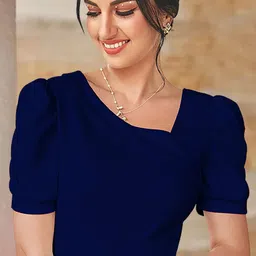 dream beauty fashion Casual Puff Sleeves Solid Women Dark Blue Top-picture-10