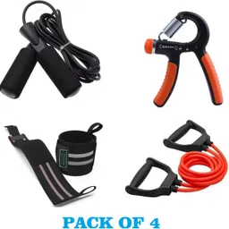 Pack of 4 Skipping rope + wrist Band + Hand Gripper + Tunning tube Ball Bearing Skipping Rope-image-0