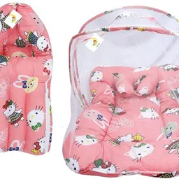 noniu New Born Baby Cotton Net Bedding Set with Carry Bag Combo (Peach) Convertible Bedding set-picture-10