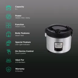 AGARO Regency 5 Litre Electric Rice Cooker with Keep Warm Function (Silver) image 3
