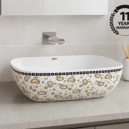 cara mark Modern Countertop Basin | Stylish Glossy Finish | Easy to Clean | Counter Top Floral Design Sink | White & Gold Glossy Finish | Table Top Basin image 5