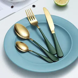 daidokoro 48Pcs Golden Cutlery Set with Spoon, Fork, Butter Knife & Desert Spoon - Green Stainless Steel Cutlery Set image 3