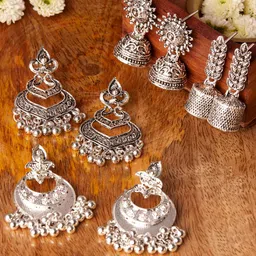 Rubans Set Of 4 Silver Plated Oxidised Jhumki And Drop Earrings Silver Jhumki Earring, Drops & Danglers-picture-11