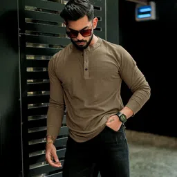 rufica Men Self Design Mandarin Collar Cotton Blend Brown T-Shirt-picture-16