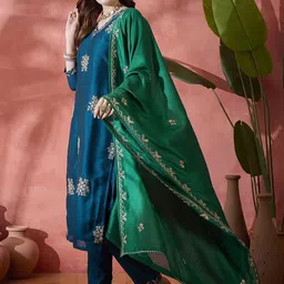 Sangria Teal Silk Blend Zari Sequence Embroidered Kurta Trousers Dupatta Embroidered Kurta, Trouser/Pant & Dupatta Set image 4