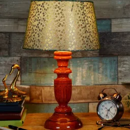 Potenza Green & Gold Fabric Shade Night Lamp With Wood Base By BrightDaisy image 1