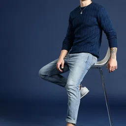 mast & harbour Men Self Design Round Neck Blue Sweater image 4